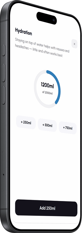 The app’s hydration tracker, showing millilitres drunk against a daily goal beside one-tap amounts to add
