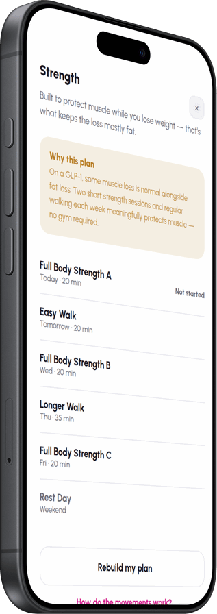 The app’s strength plan, a week of sessions under a note on why the plan is built that way