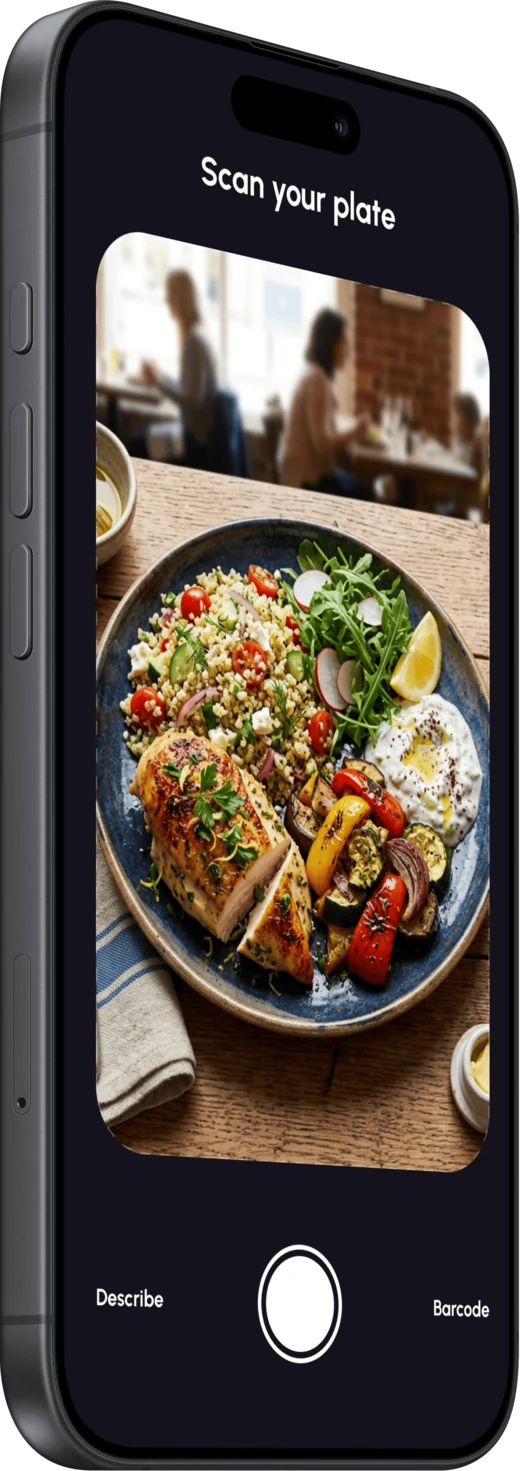 The app’s plate scanner, the camera framed on a meal with Describe and Barcode either side of the shutter