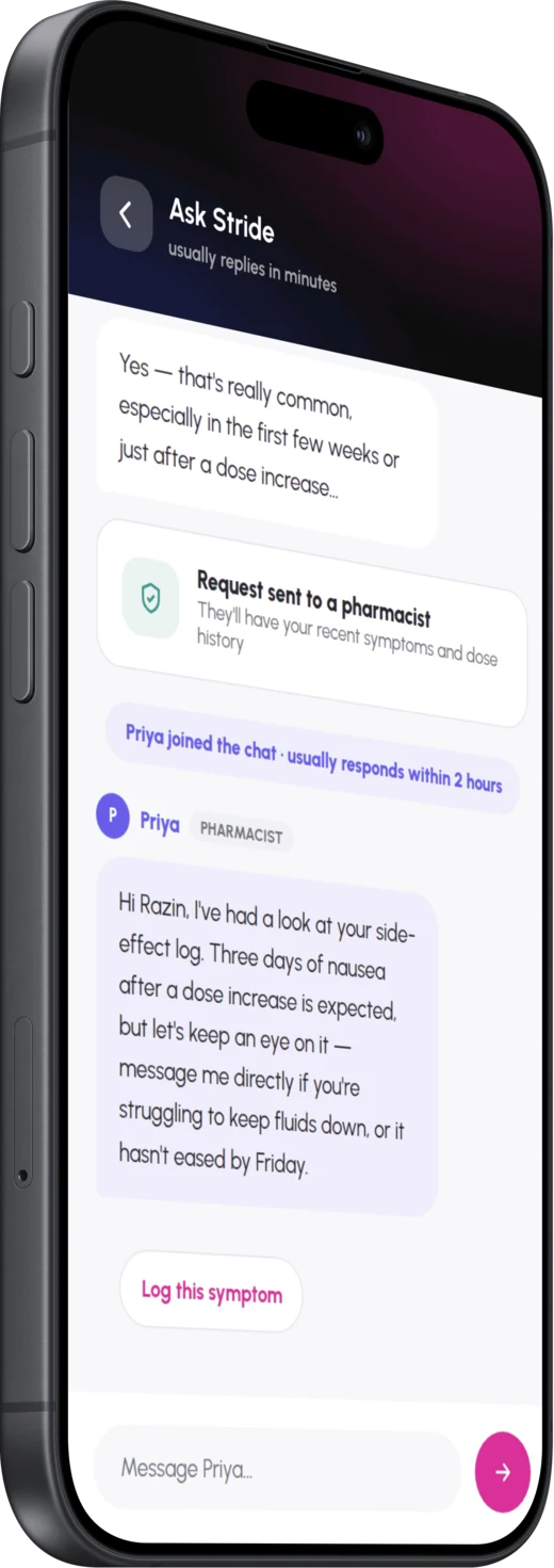 The app’s Ask Stride chat, a reported side effect answered by a pharmacist