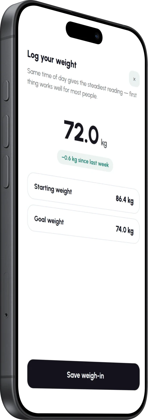 The app’s weigh-in screen, today’s reading set against the starting and goal weight